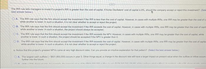 Calculate the project's NPV at each of the folowing discount rates: 0%,5%,10%,20%,30%,40%,50%.