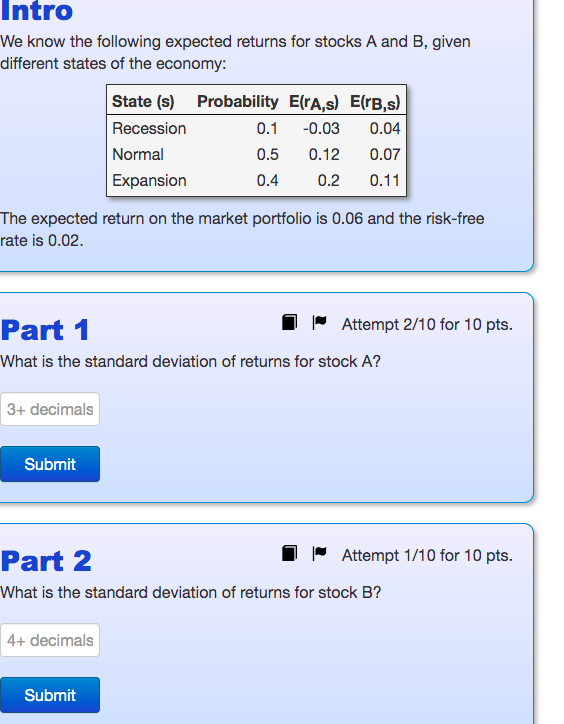 Intro We know the following expected returns for stocks A and