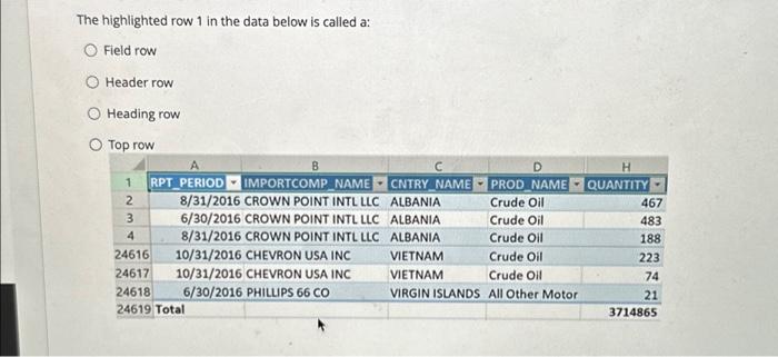  The highlighted row 1 in the data below is called a: