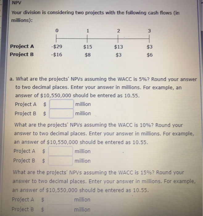  NPV Your division is considering two projects with the following cash