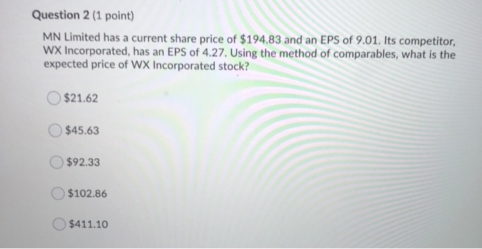  Question 2 (1 point) MN Limited has a current share price
