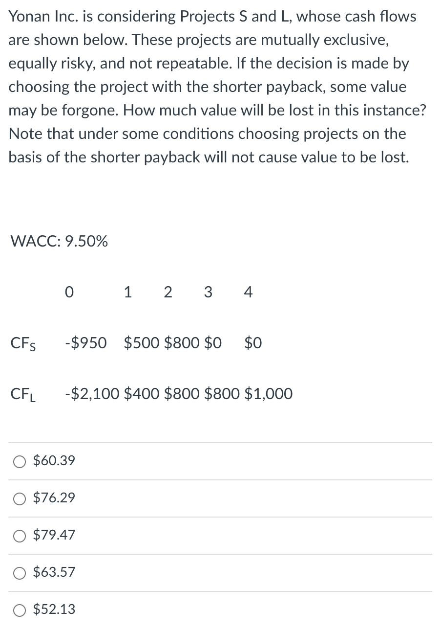  Yonan Inc. is considering Projects S and L, whose cash flows