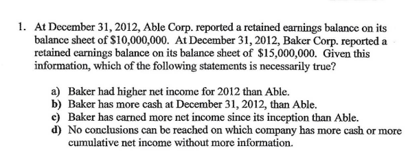 1. At December 31, 2012, Able Corp. reported a retained earnings