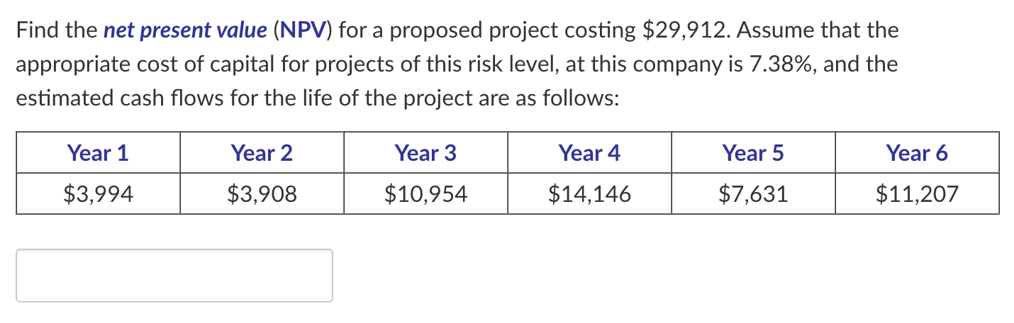  Find the net present value (NPV) for a proposed project costing