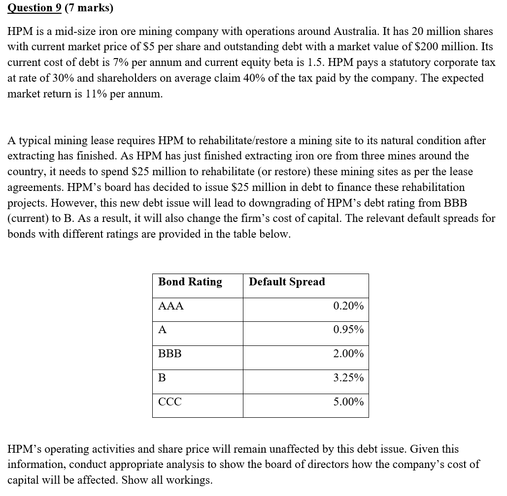  Question 9 (7 marks) HPM is a mid-size iron ore mining