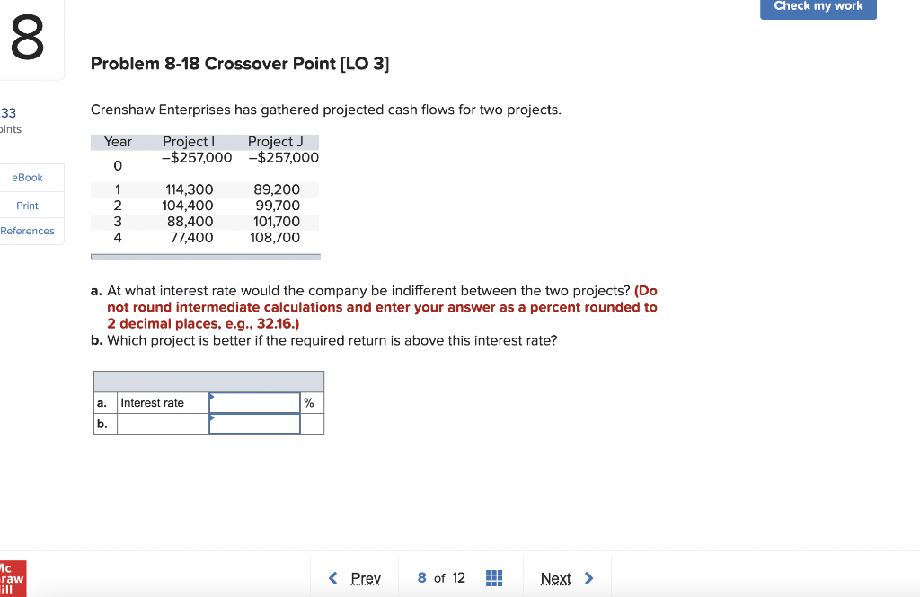  Check my work 00 8 Problem 8-18 Crossover Point (LO 3]