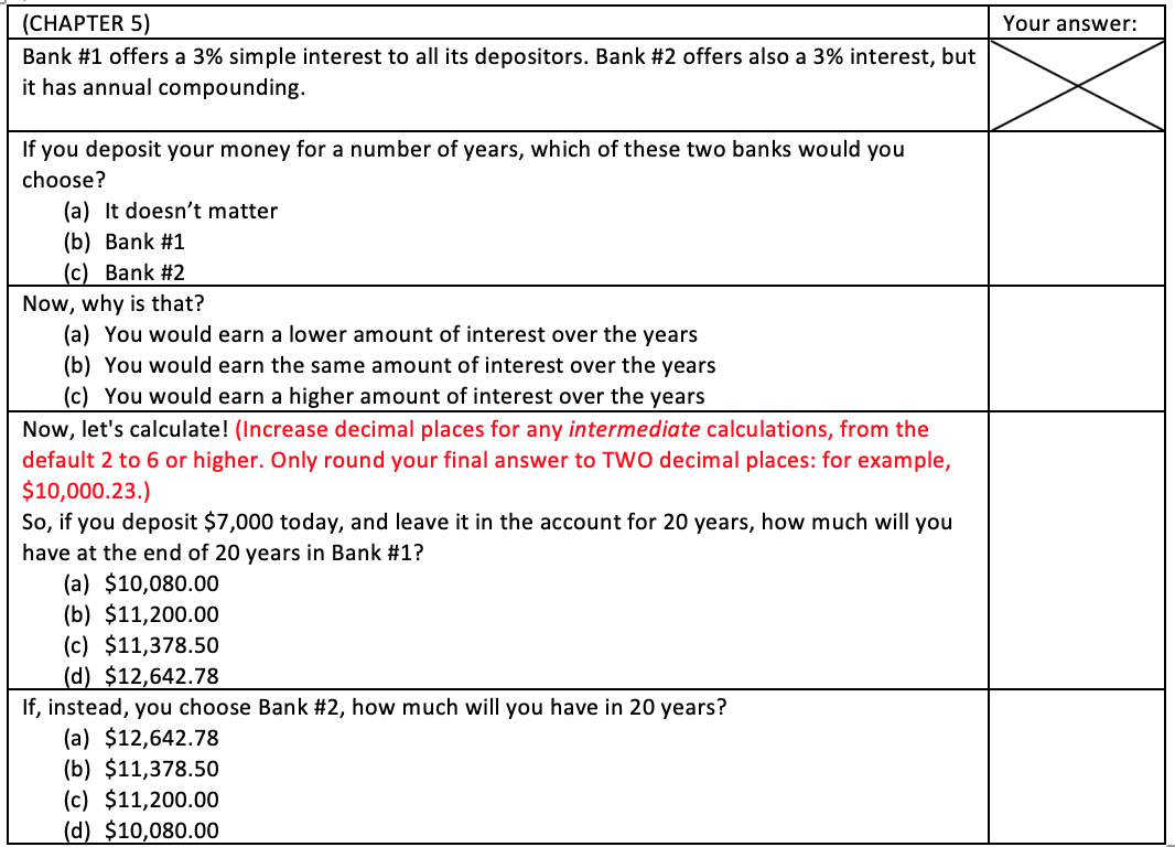 Your answer: (CHAPTER 5) Bank #1 offers a 3% simple interest