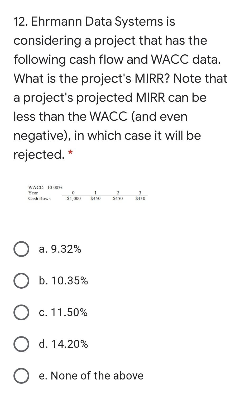 flows are shown below. These projects are mutually exclusive, equally risky, and