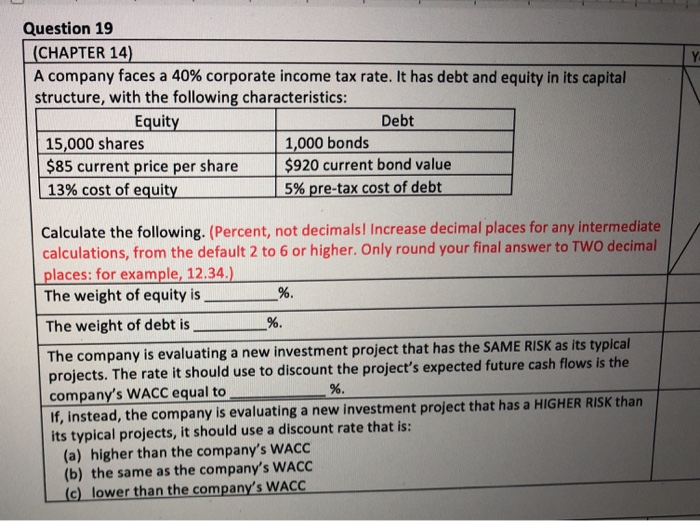 Question 19 (CHAPTER 14) A company faces a 40% corporate income