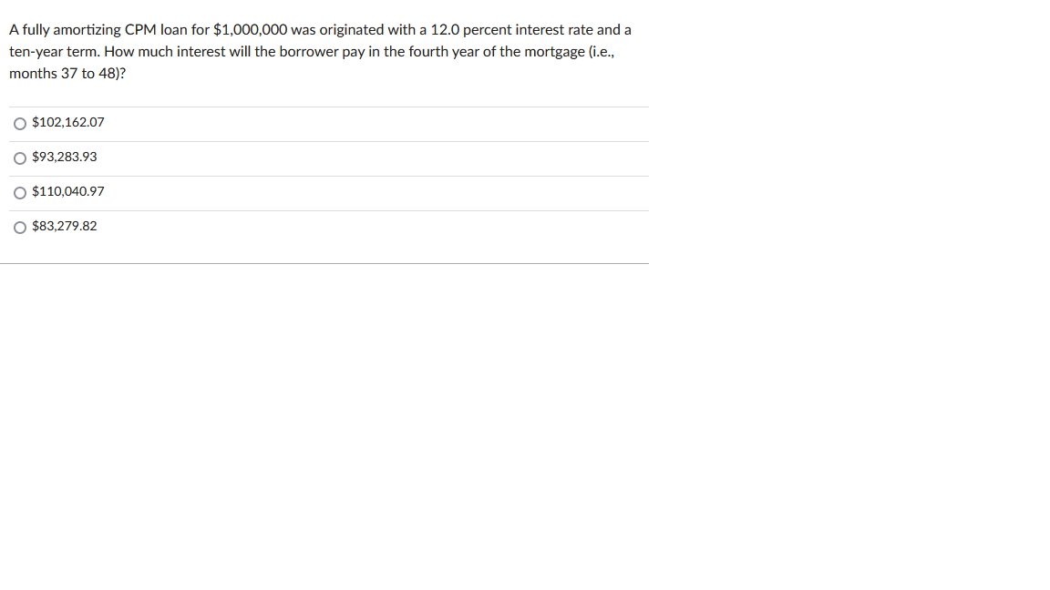 A fully amortizing CPM loan for $1,000,000 was originated with a
