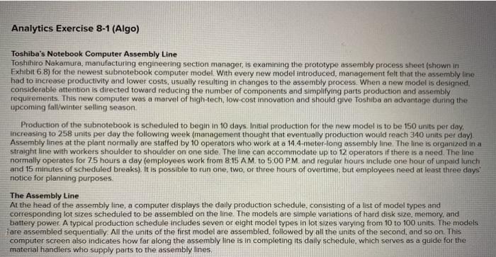  Analytics Exercise 8-1 (Algo) Toshiba's Notebook Computer Assembly Line Toshihiro Nakamura,