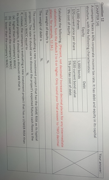  Your answer: Question 12 (CHAPTER 14) A company faces a 40%