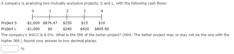 0 1 4 A company is analyzing two mutually exclusive projects,