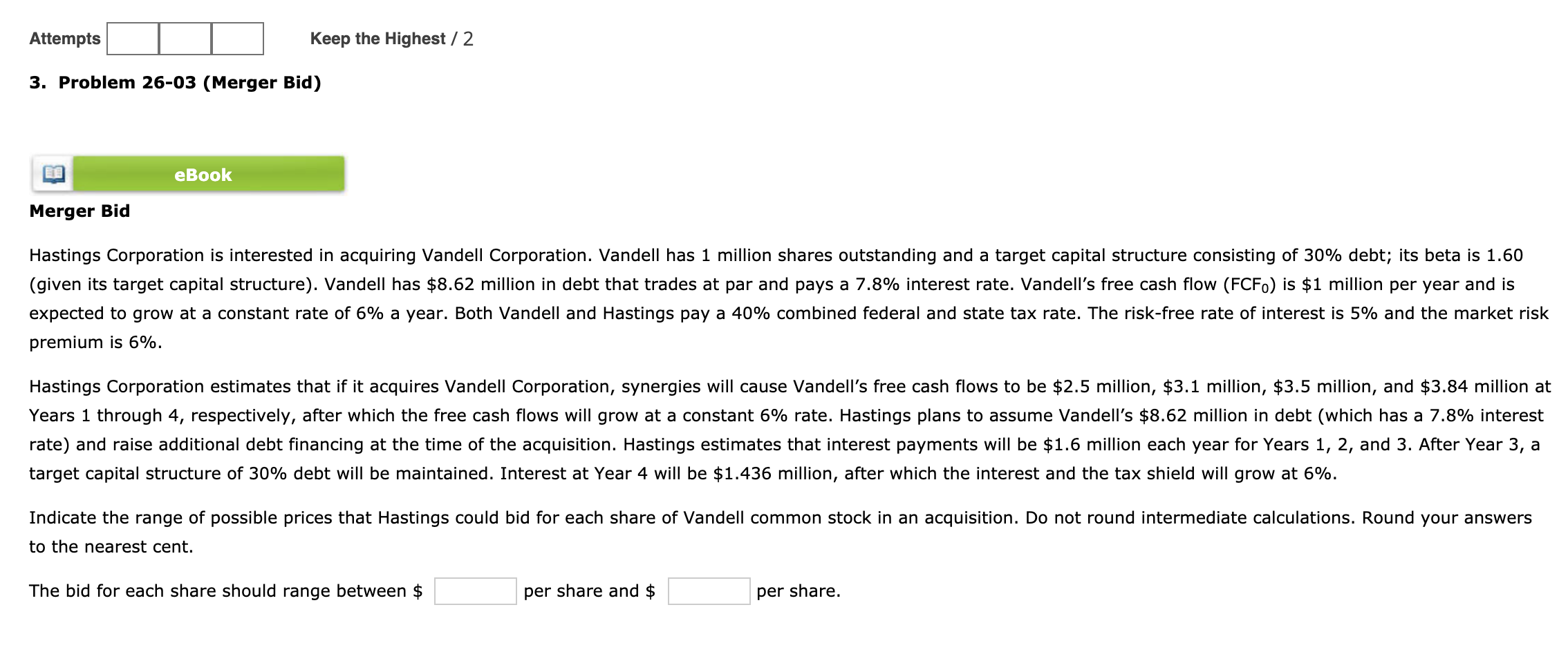 Attempts Keep the Highest / 2 3. Problem 26-03 (Merger Bid)