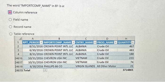  The word "IMPORTCOMP_NAME" in B1 is a: Column reference Field name