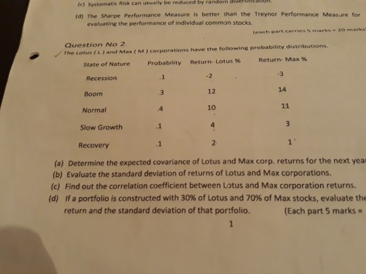  by randorm divs (c) Systematic Risk can usually be reduced (d)