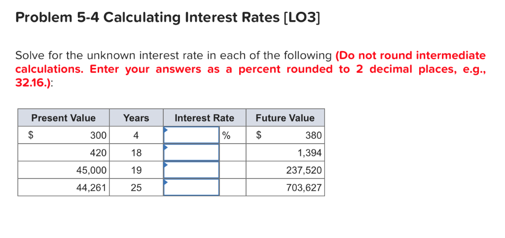  Problem 5-4 Calculating Interest Rates [LO3] Solve for the unknown interest