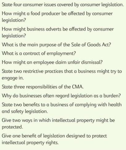 State four consumer issues covered by consumer legislation. How might a