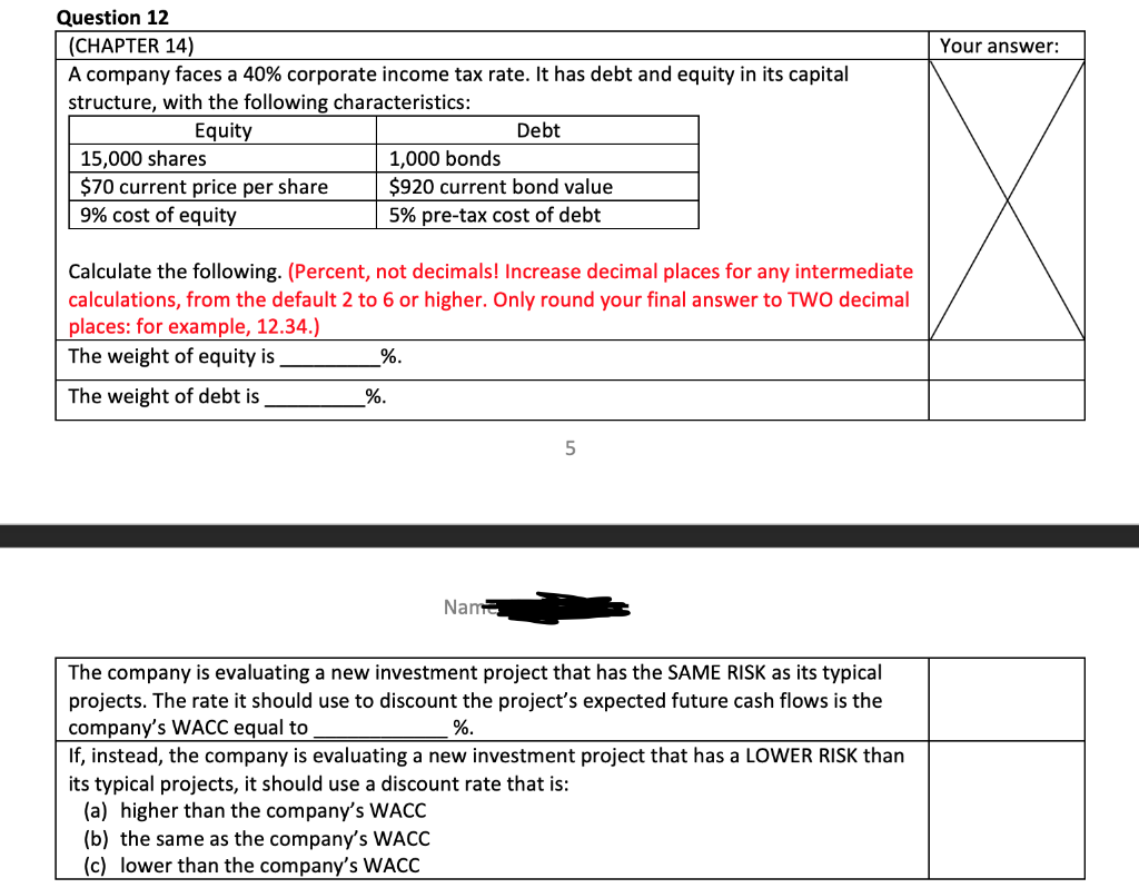 Your answer: Question 12 (CHAPTER 14) A company faces a 40%