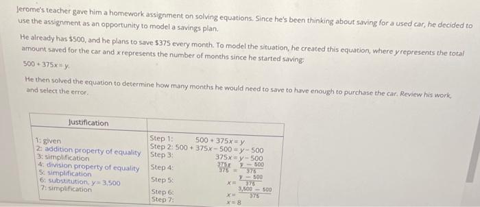  Jerome's teacher gave him a homework assignment on solving equations. Since