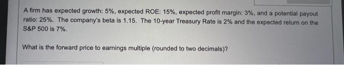  A firm has expected growth: 5%, expected ROE: 15%, expected profit