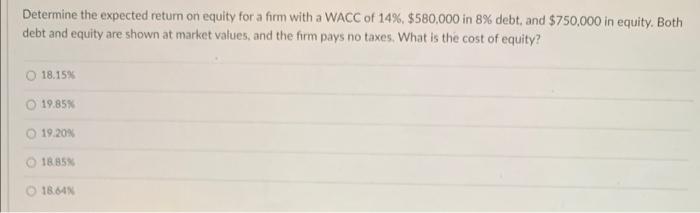  Determine the expected return on equity for a firm with a