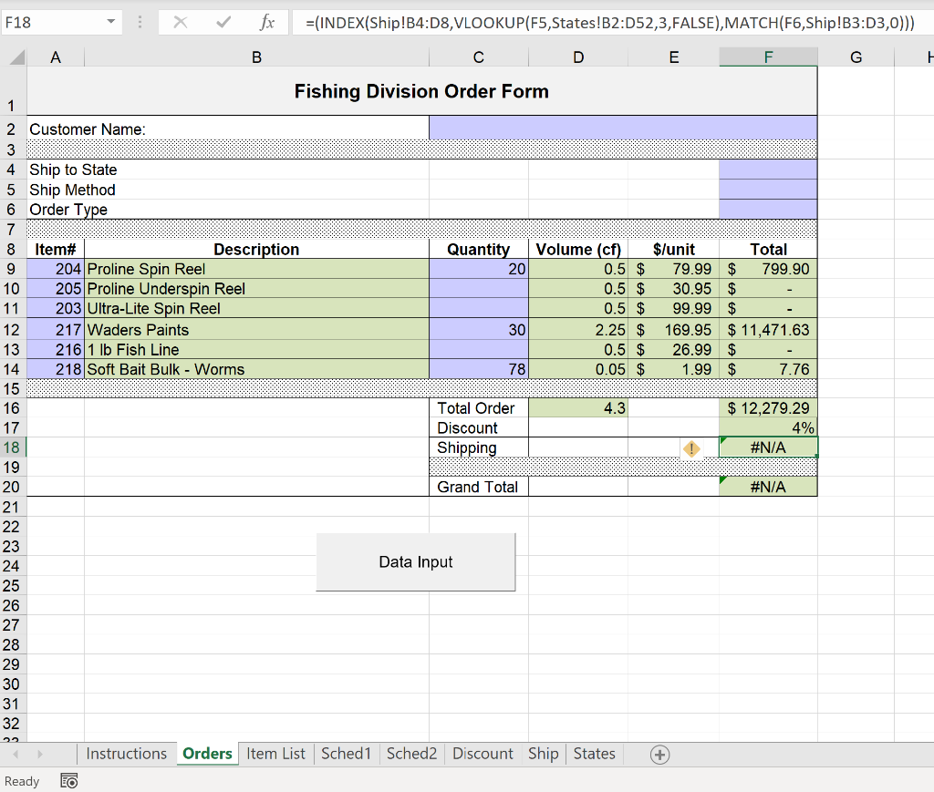 sheet (Highlighted in red). FISHING ORDER PROCESSING The Orders sheet permits a