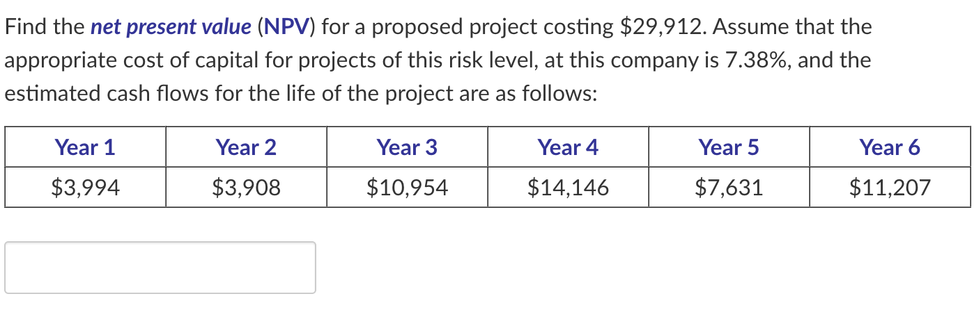 Find the net present value (NPV) for a proposed project costing