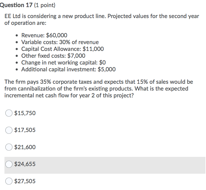 Question 17 (1 point) EE Ltd is considering a new product