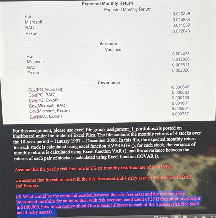 please solve for part D by showing your work/formulas in excel and
