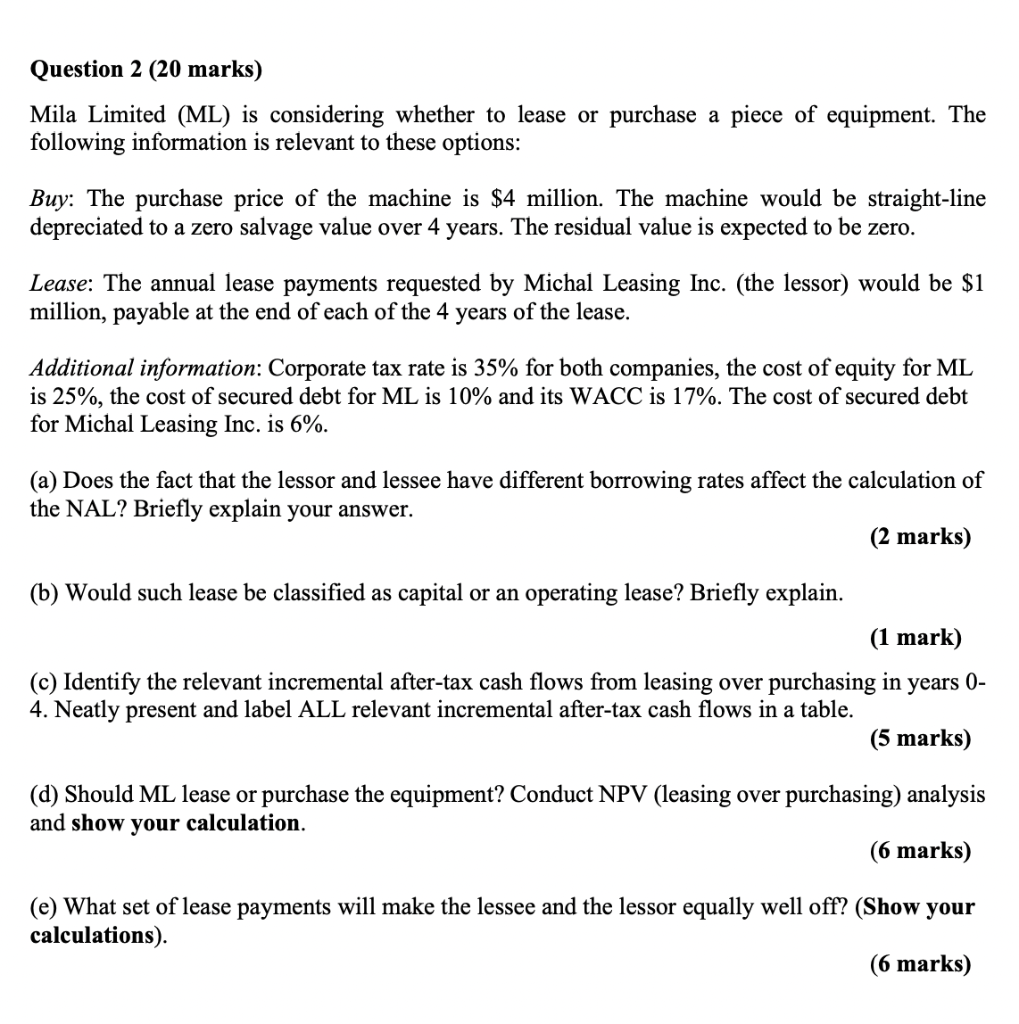  Question 2 (20 marks) Mila Limited (ML) is considering whether to