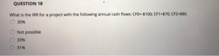  QUESTION 18 What is the IRR for a project with the