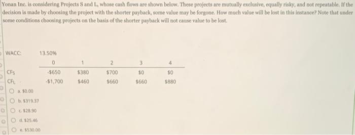  Yonan Inc. is considering Projects S and I, whose cash flows