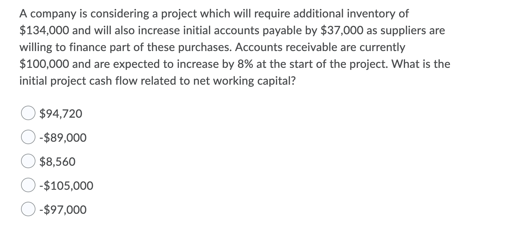  A company is considering a project which will require additional inventory