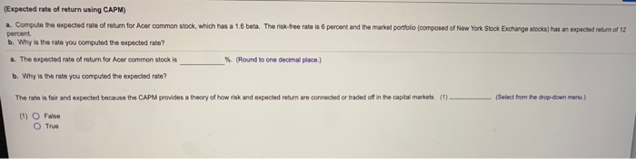  Expected rate of return using CAPM) a. Compute the expected rate
