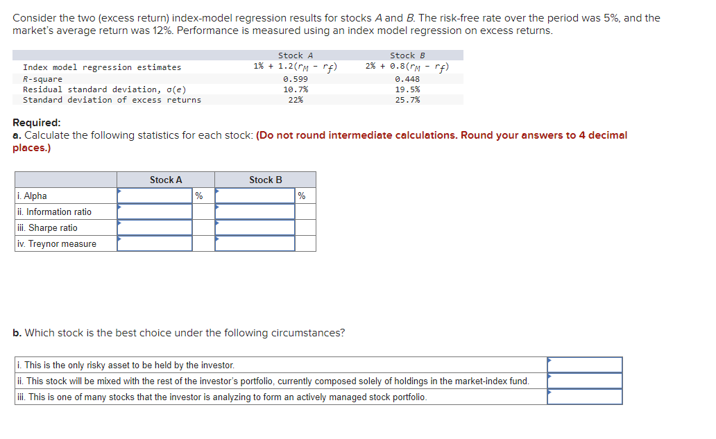  Consider the two (excess return) index-model regression results for stocks A