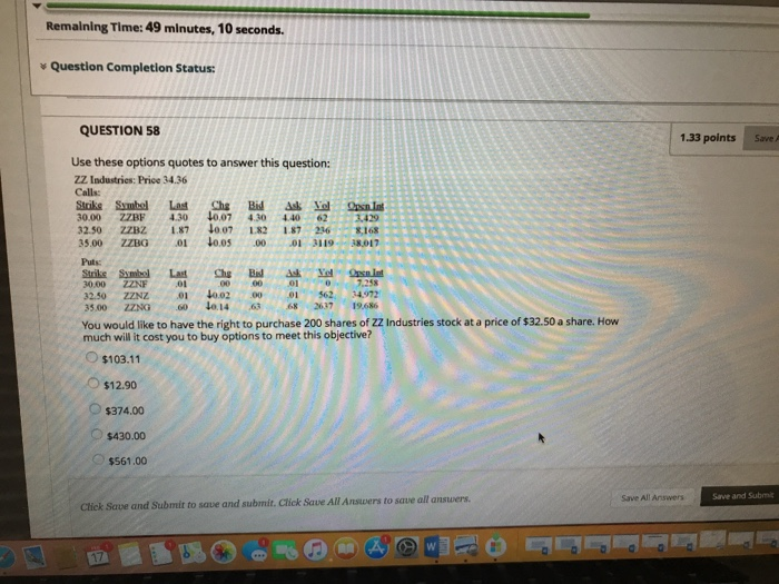  Remalning Time:49 minutes, 10 seconds Question Completion Status: QUESTION 58 1.33