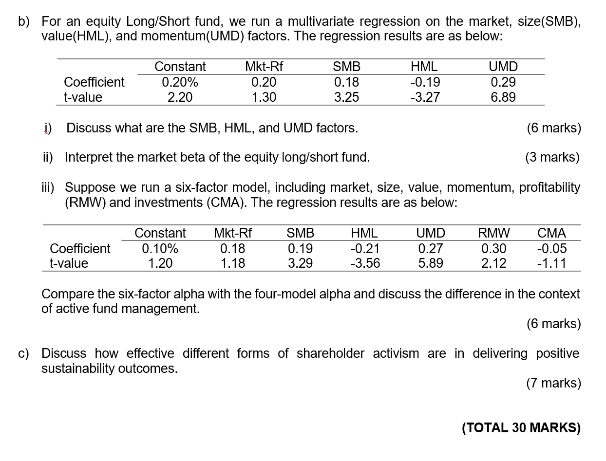 b) For an equity Long/Short fund, we run a multivariate regression