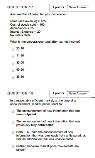 QUESTION 17 1 points Save Answer Assume the following for your