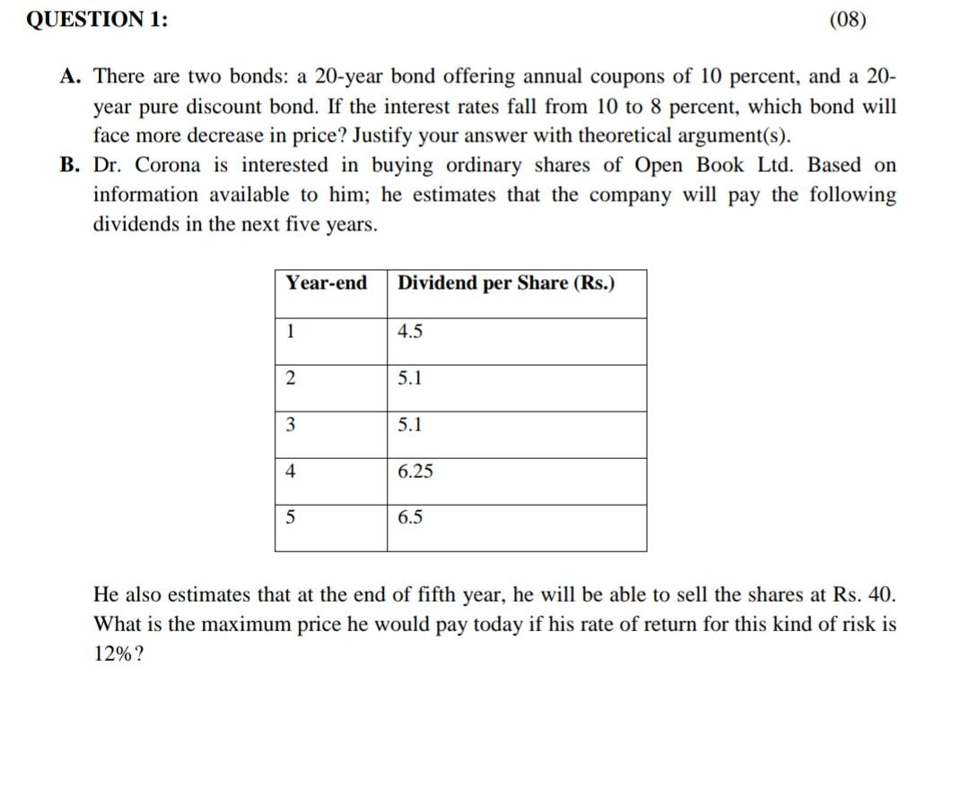  QUESTION 1: (08) A. There are two bonds: a 20-year bond