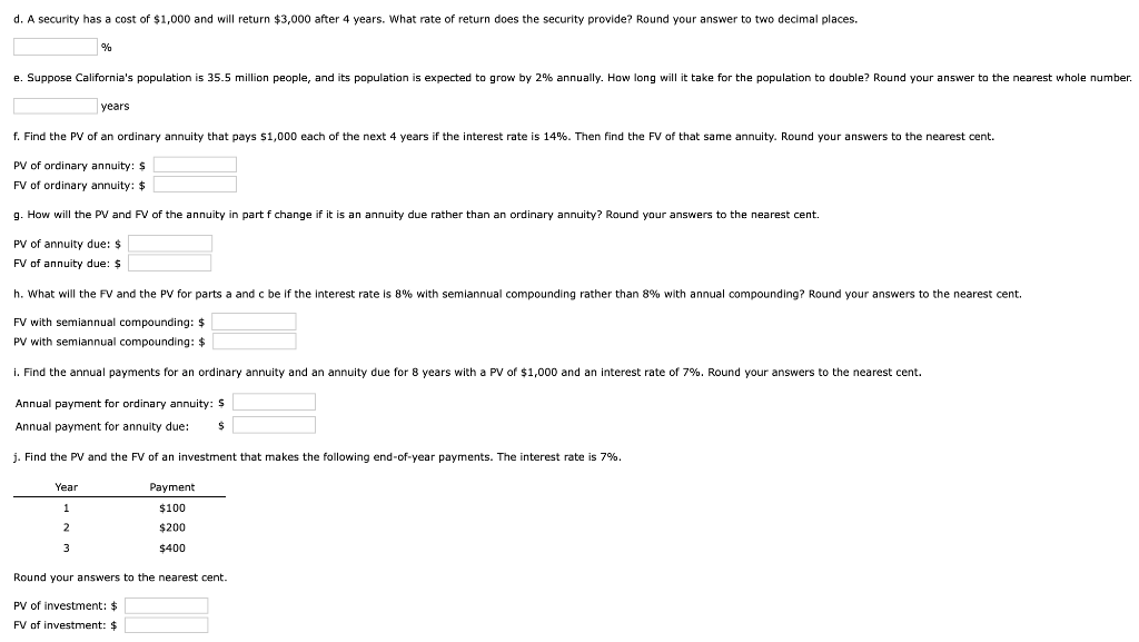 table with FVs at various interest rates and time periods using Data
