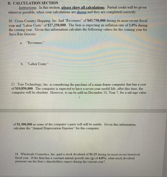  D. CALCULATION SECTION Instructions: In this section, please show all calculations.