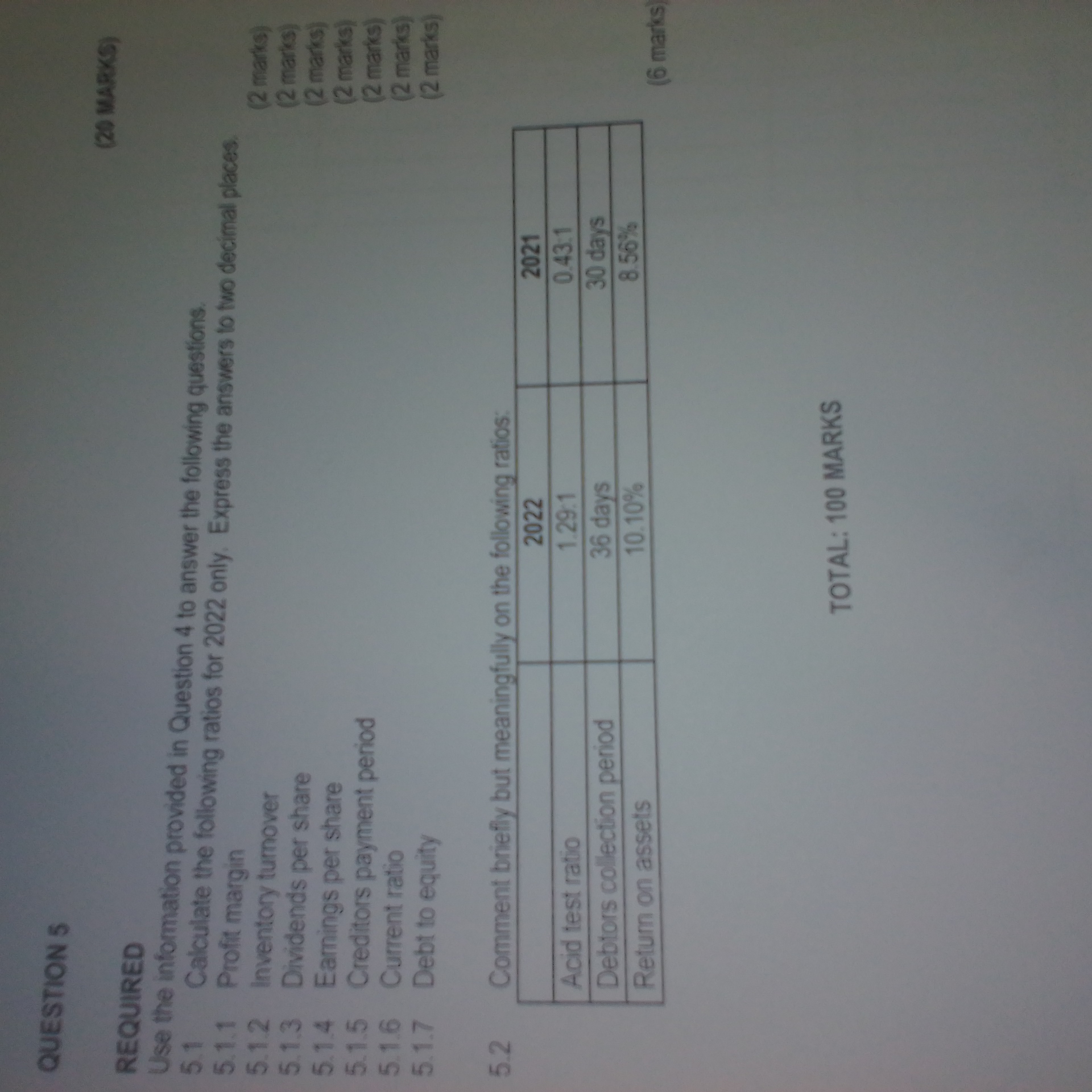  QUESTION 5 REQUIRED (20 MARkS) Use the information provided in Question