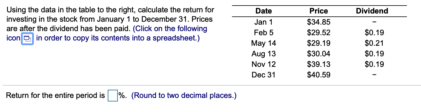 Date Price Dividend Using the data in the table to the
