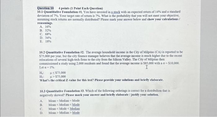  Question 104 points (1 Point Each Question) 10.1 Quantitative Foundation H1.