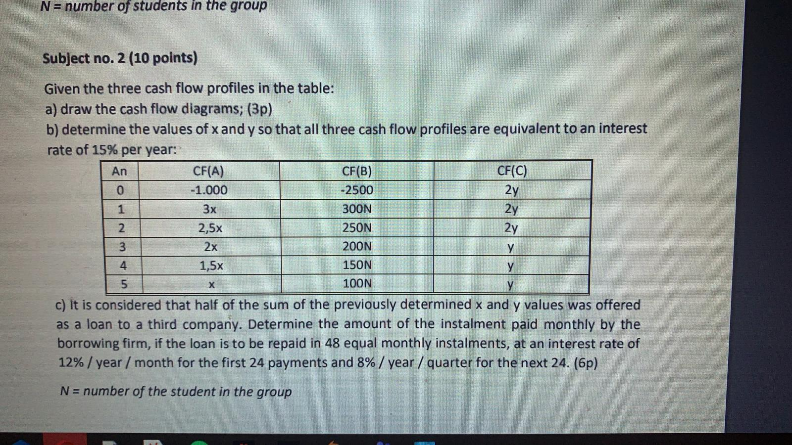 Given the three cash flow profiles in the table: a) draw the