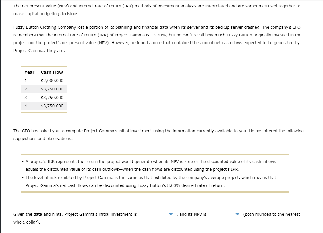 The net present value (NPV) and internal rate of return (IRR)