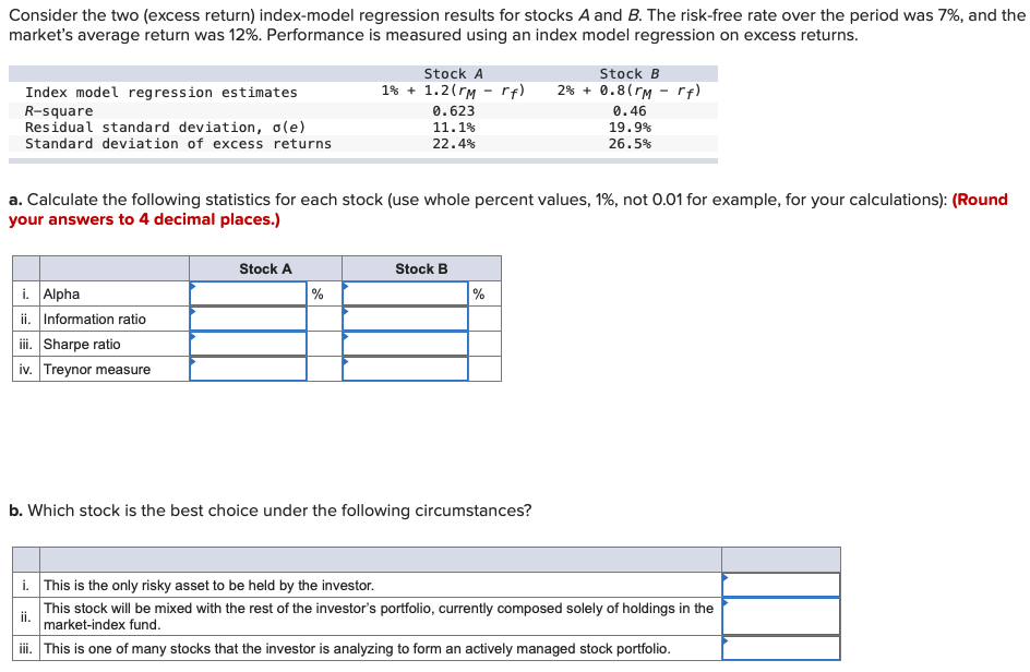 Consider the two (excess return) index-model regression results for stocks A