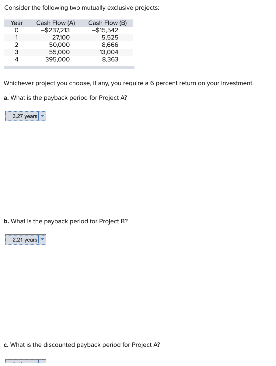 Consider the following two mutually exclusive projects: Year 0 1 2