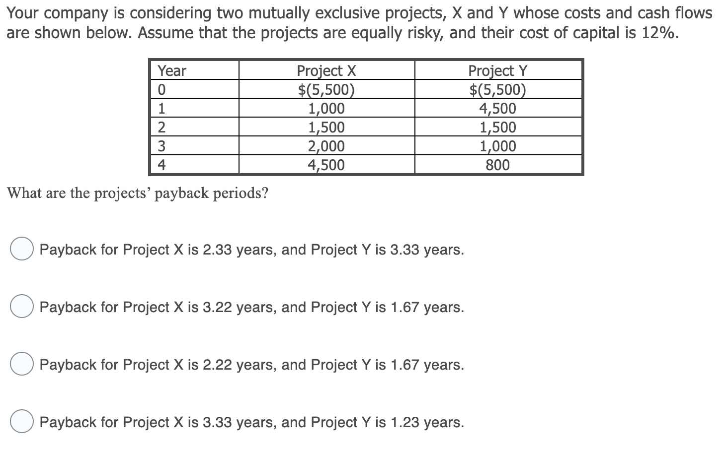  Your company is considering two mutually exclusive projects, X and Y